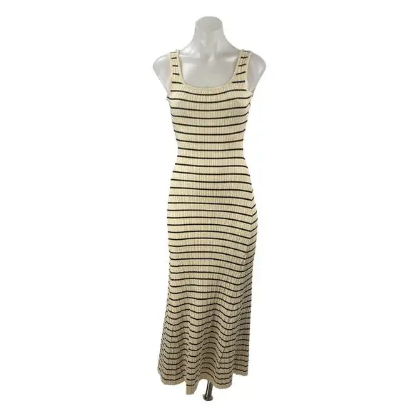 Miou Muse Women's Cream Black Stripe Ribbed Sleeveless Maxi Tank Dress Size S - Picture 1 of 6